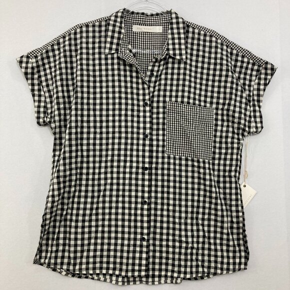 New Statement Large Black White Gingham Plaid Soft Comfy Short Sleeve Button Up - Picture 1 of 10